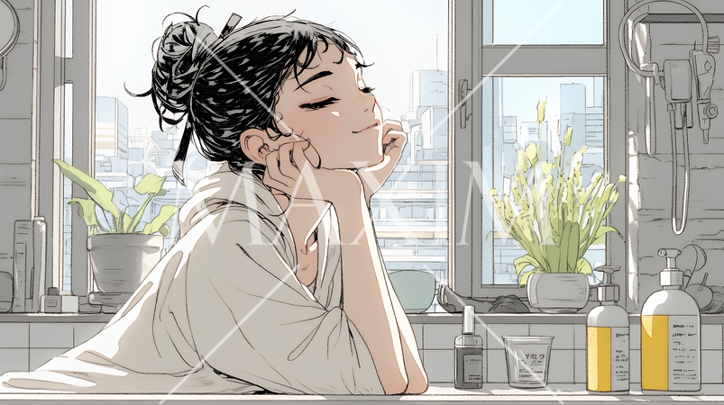 スキンケアを念入りに行う若い女性