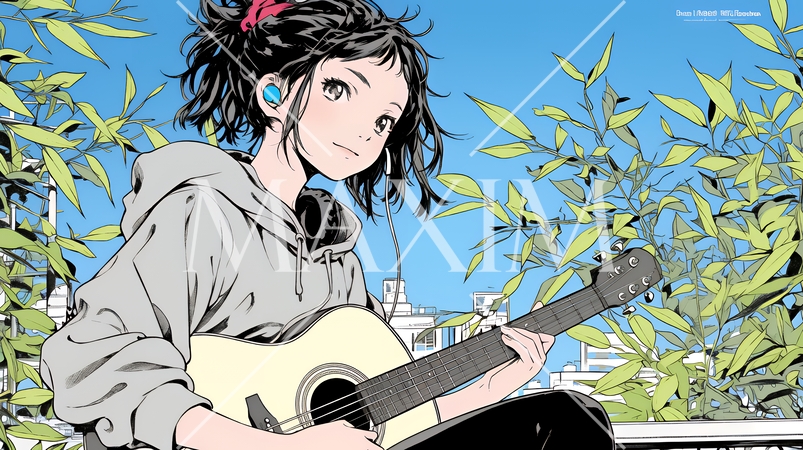 屋外でギターを弾いている若い女性