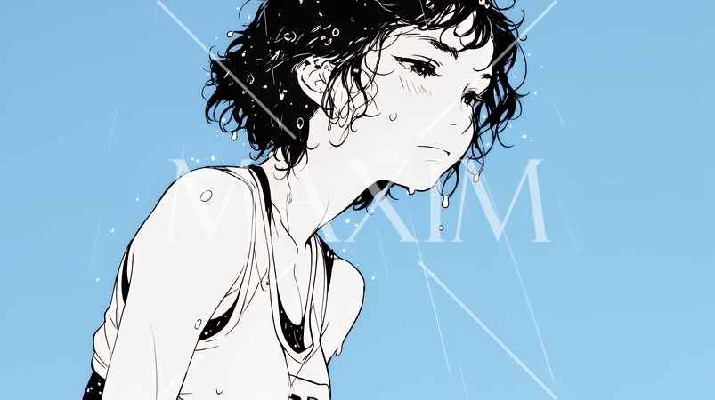 夏の急な雨でびしょ濡れの若い女性（シンプルな色使い）