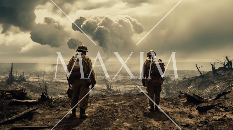 戦争最前線の地上戦部隊：セピア写実的描画