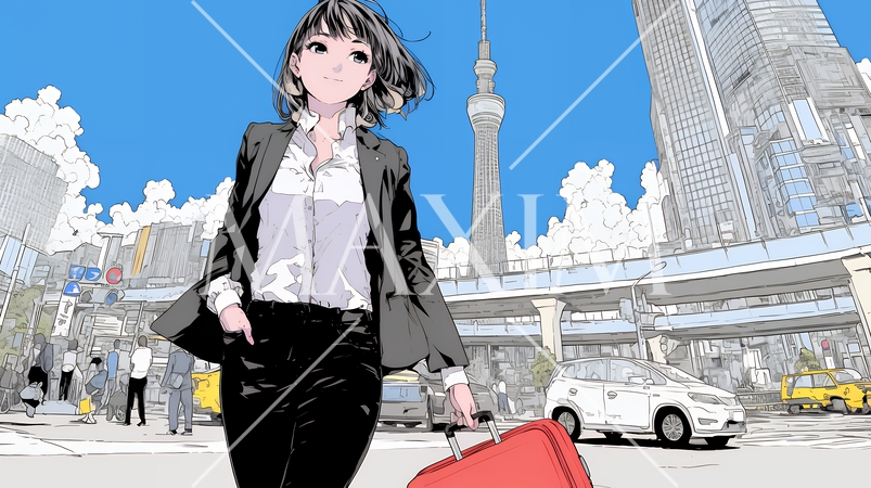 自信満々に晴天の都会の街を歩いているビジネスウーマン