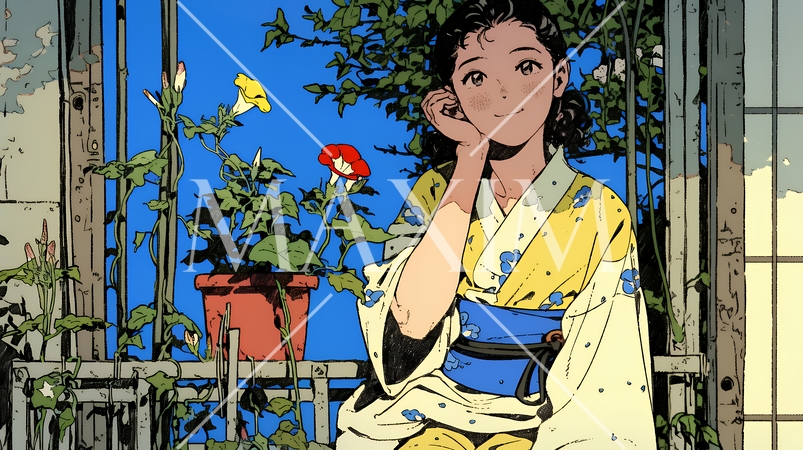 アサガオと浴衣姿の若い女性