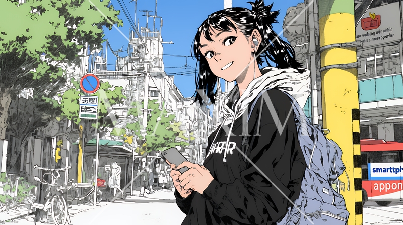 スマホの地図アプルを頼りに目的地に向かって歩いている女性：歩きスマホ