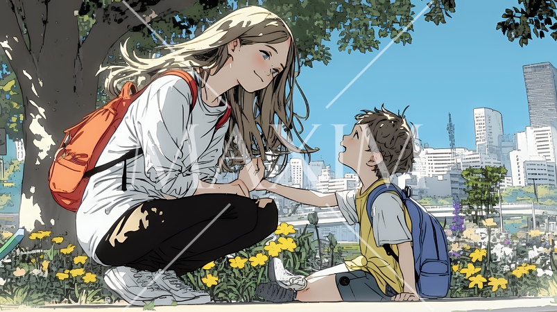 幼い我が子の悩みの相談にのっている母親