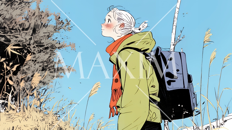 秋の野山をハイキングしている若い女性