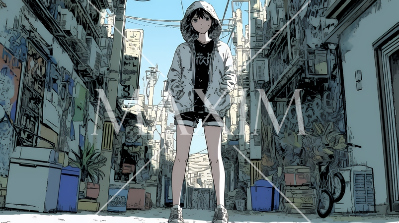 都会の治安の悪そうな場所にいる若い女性