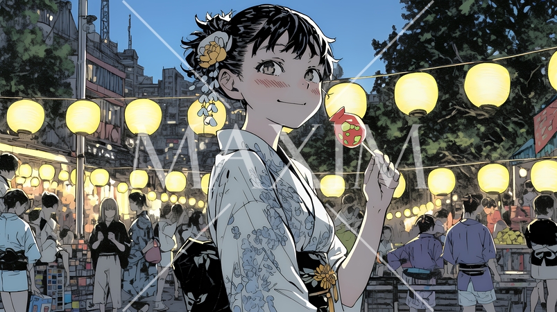 縁日屋台が立ち並び、賑わいを見せる祭りの夜