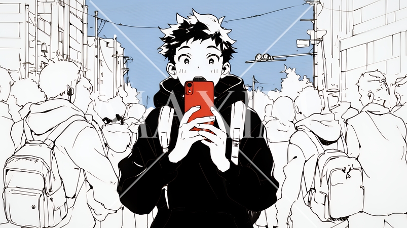 スマホの画面を見て驚いている若い男性（シンプルな色使い）