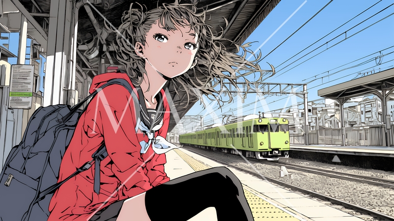 制服姿の女子高生：鉄道のプラットフォームで電車待ち