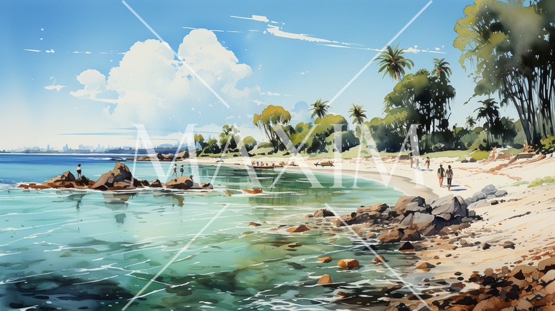 夏の離島の海岸風景：水彩画