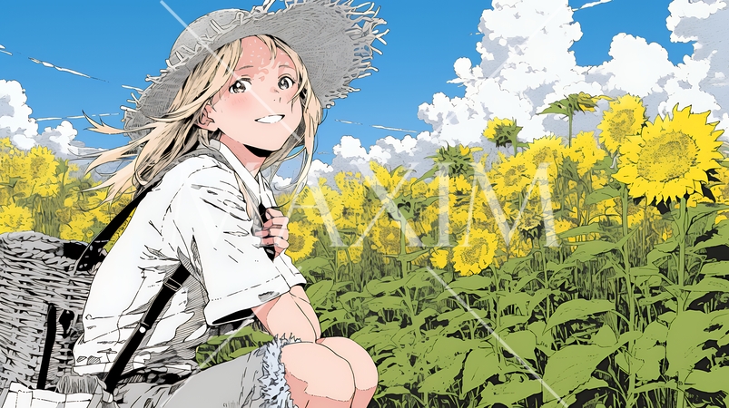 夏の晴天の日、ひまわりの畑を散策している若い女性