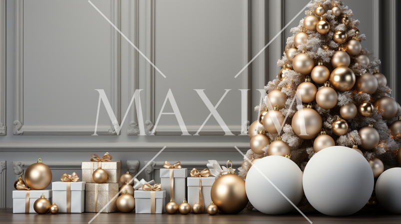 クリスマスツリー飾りのある白基調の居間