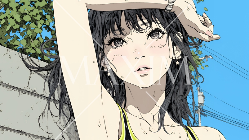 強烈な日差しでヘトヘト状態の女性（シンプルな色使い）