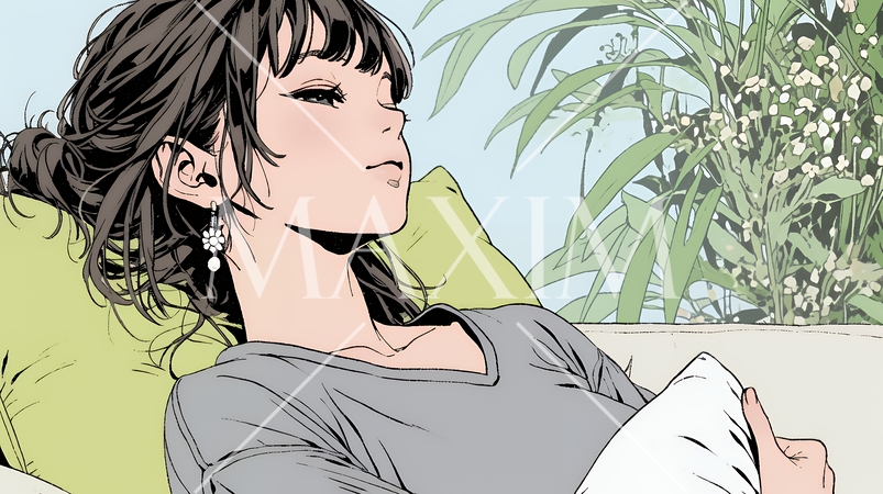 ソファでクッションを抱えてくつろぐ若い女性