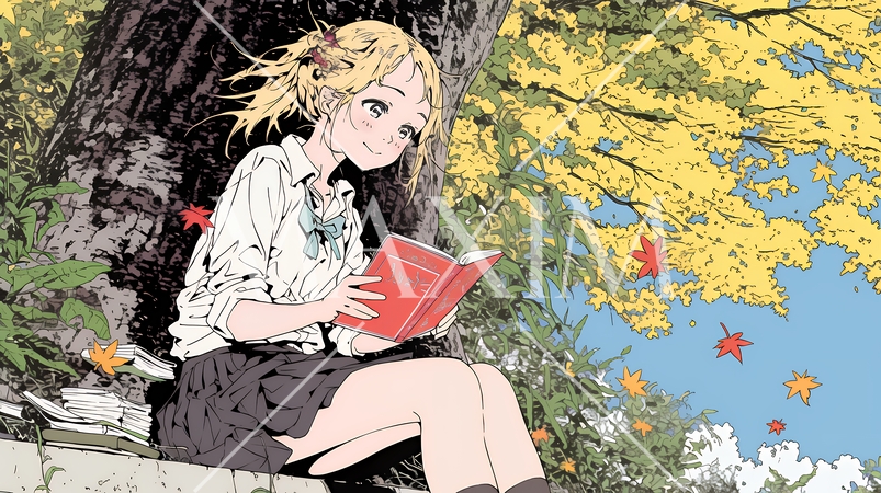 読書の秋：紅葉の木の下で本を読んでいる若い女性