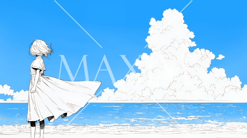 夏の海と入道雲と若い女性（シンプルな色使い）