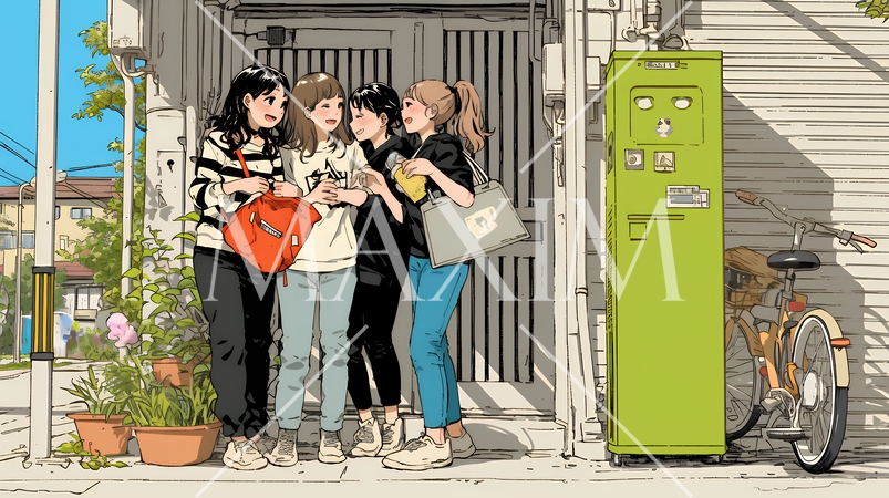 道端で会話を楽しむ若い主婦たち（ママ友たち）