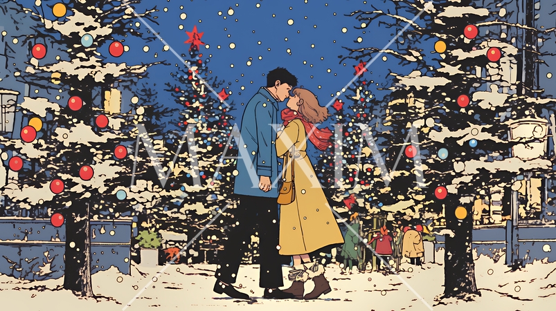 クリスマスイルミネーションの街でデートしているカップル