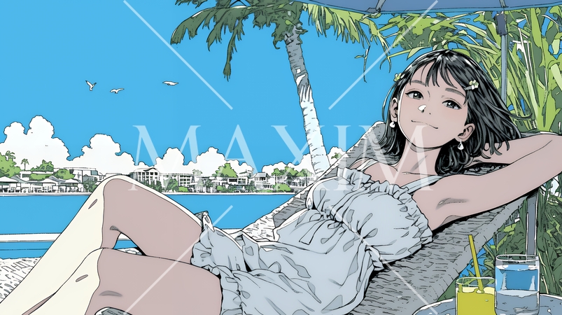 プールサイドのデッキチェアでくつろぐ若い女性｜夏のリゾートとリラックスライフスタイルイメージ