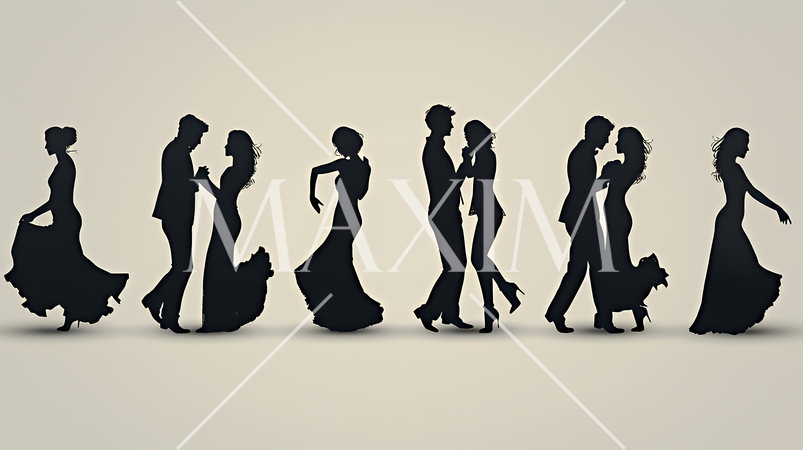 社交ダンスを楽しむ人たちのシルエット｜優雅でエレガントなボールルームダンスイメージ