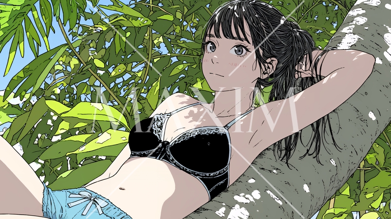 山原の木陰で下着姿で涼んでいる若い女性