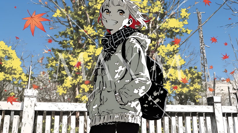 紅葉の道を通学する女子高生