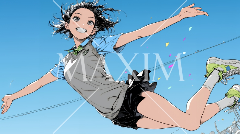 嬉しさのあまり飛び跳ねる制服姿の女子高生