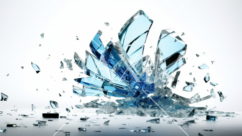 ガラスが割れて飛び散っている-白背景画像：精緻CG画像