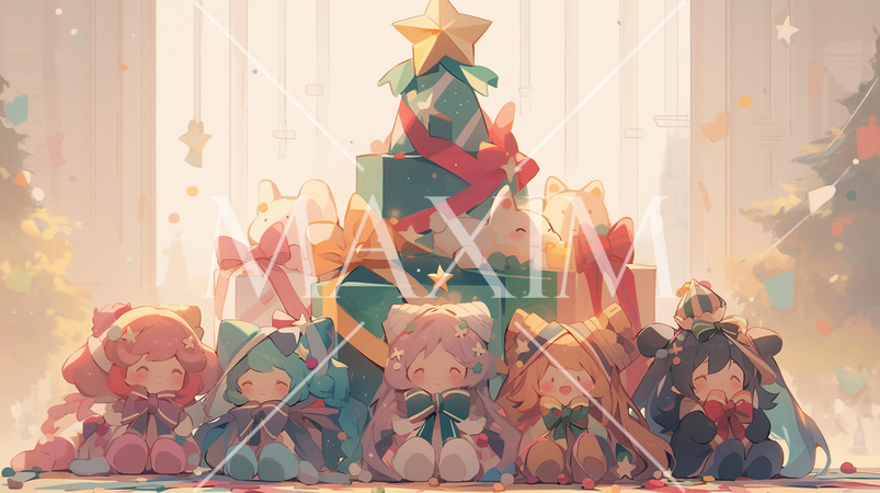 クリスマスツリーの前に並べられているクリスマスプレゼント