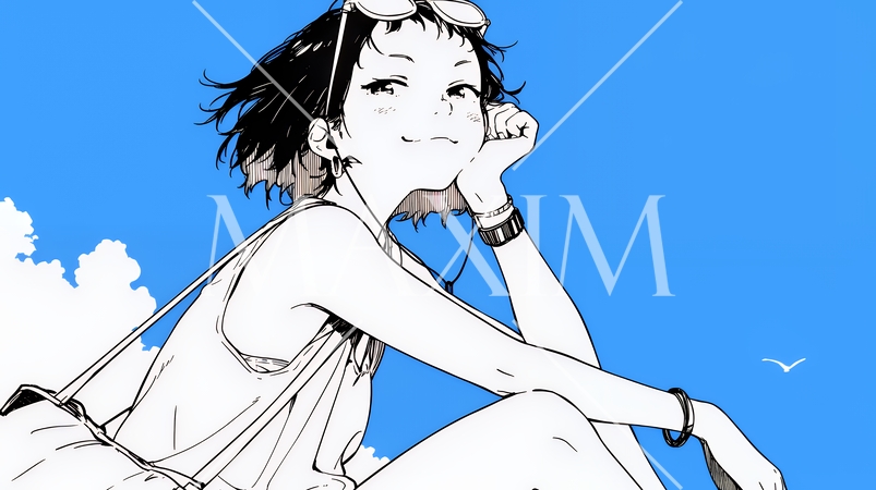 夏休みの思い出：海辺の町への一人旅（シンプルな色使い）