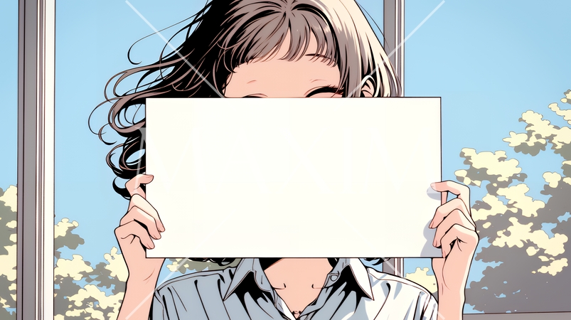 何も描いていないメッセージボードを掲げる若い女性