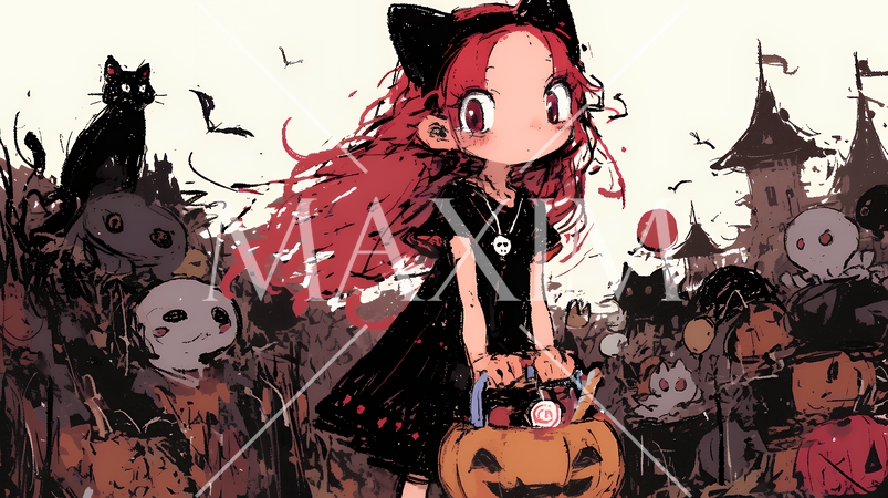 キモかわいいハロウィーンコスプレの女の子（クレヨンと水彩画風）