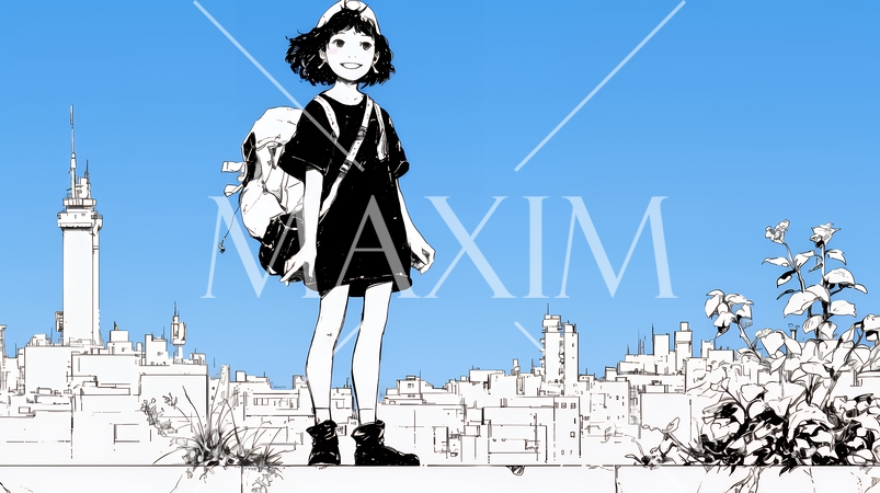 若い女性が佇む都市の街角（シンプルな色使い）