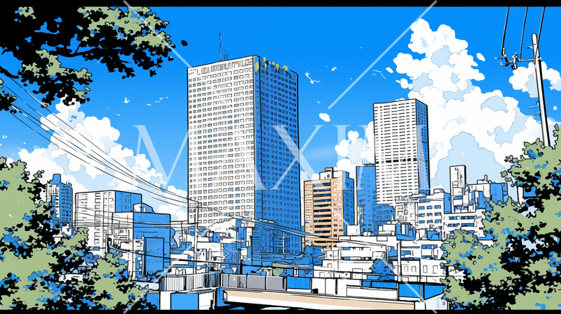 都市の町並みと夏の青空