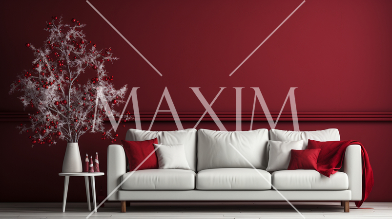 クリスマスツリー飾りのある赤色基調の居間