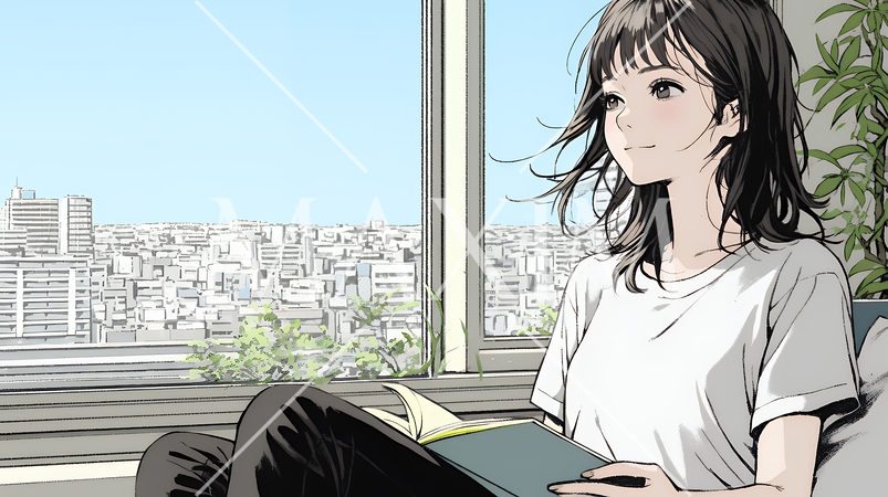 のんびり・ゆったり：窓辺でリラックスして本を読んでいる若い女性