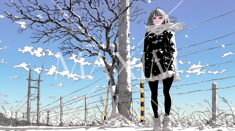 冬枯れの郊外の道を歩く若い女性