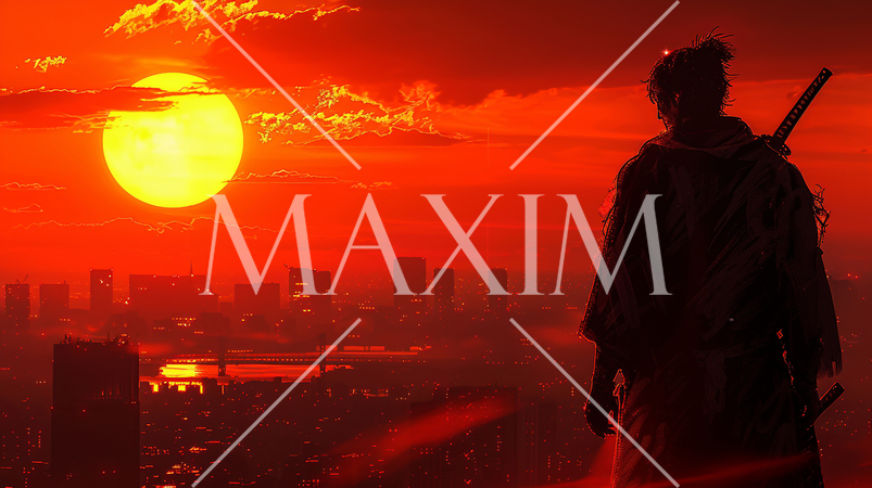 現代の東京の夕焼けの町並みを見下ろしている侍（浪人）