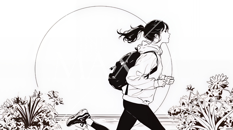 夕方の海を背景にジョギングをする若い女性（シンプルな色使い）