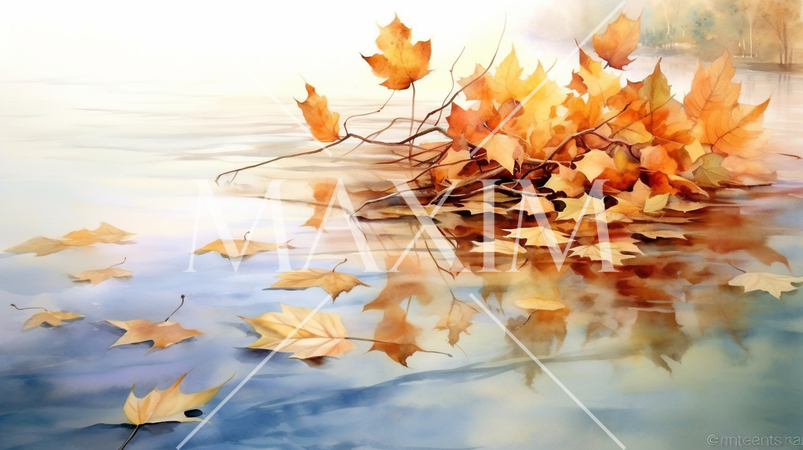 水面から見た紅葉：水彩画