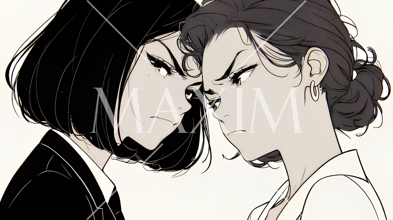 オフィスで言い争いをしているビジネスパーソン（シンプルな色使い）