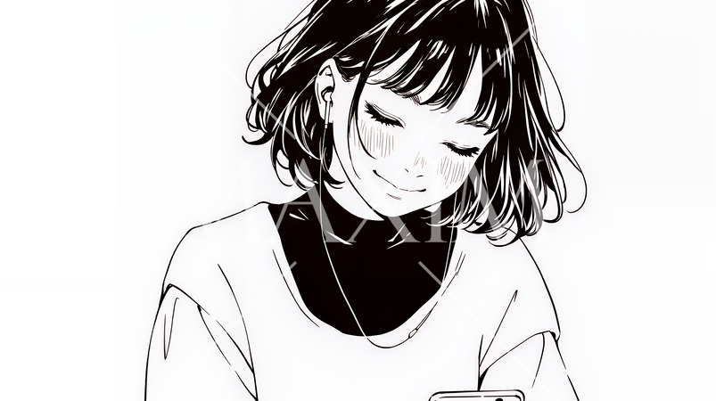 楽しそうにスマホ画面を眺めている若い女性（シンプルな色使い）