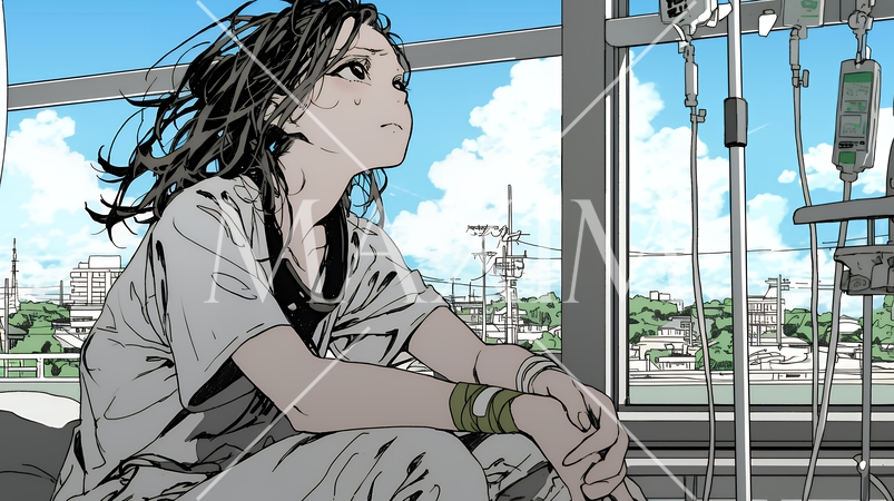 病院のベッドに腰掛けて気落ちしている女性