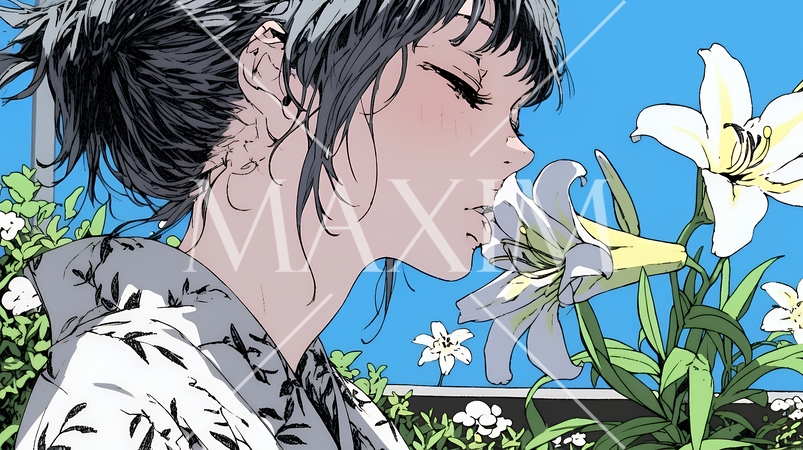 ユリの花と若い女性