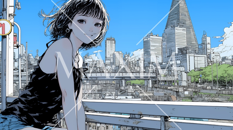 都市のランドスケープを眺めている若い女性