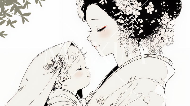 赤ん坊と母親（シンプルな色使い）