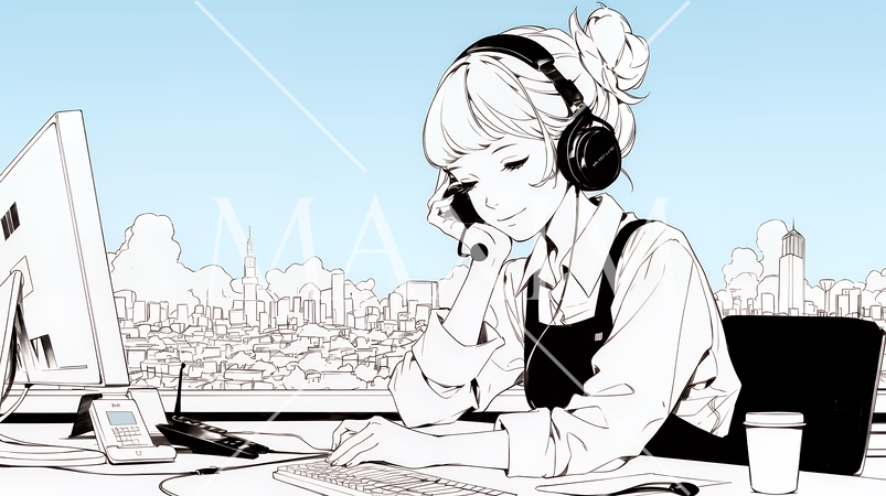 近代的なコールセンターのオフィスで働く女性オペレーター（シンプルな色使い）
