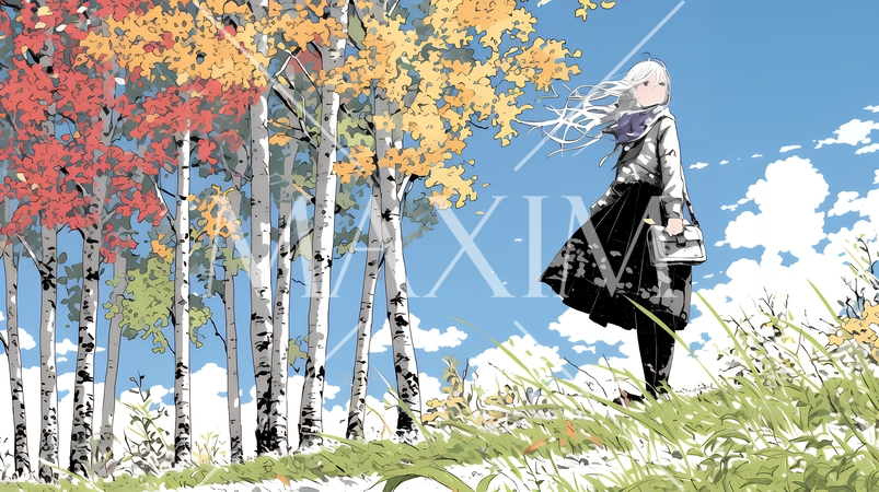 秋の野山をハイキングしている若い女性