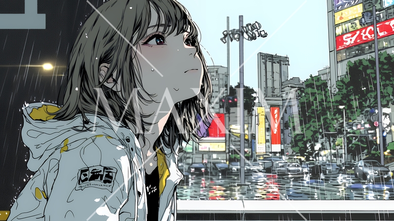 雨の中を傘をささずに歩く若い女性