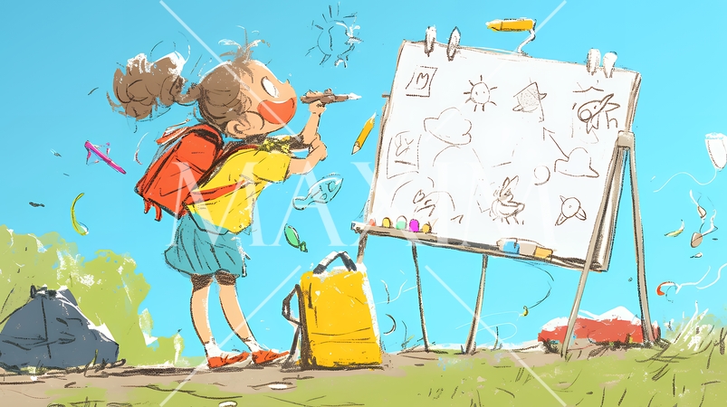 小学生の夏の思い出：お絵かき（クレヨン＋水彩画風）